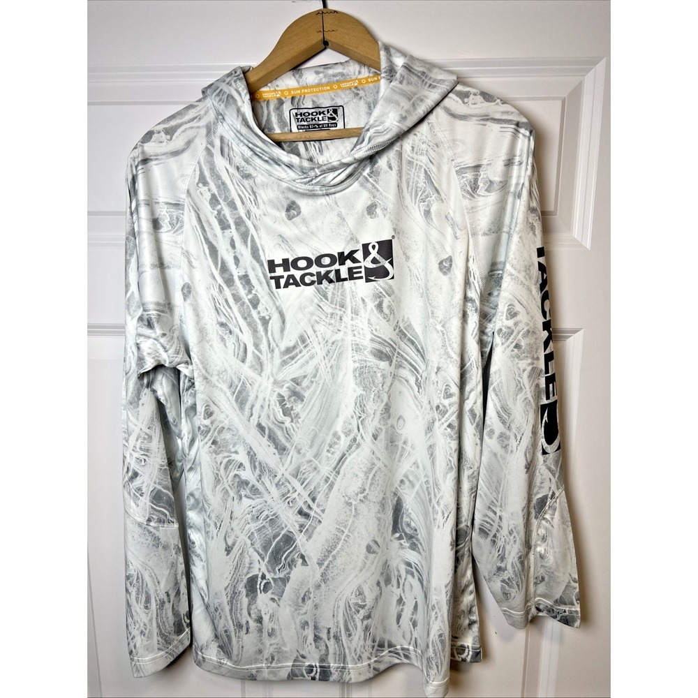 Hook & Tackle Mens Medium Riptide UV Fishing Hoodie White Gray Marble Print M